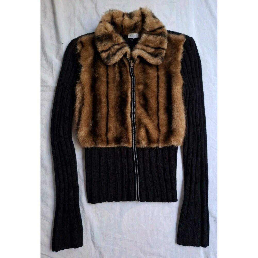 Black Ribbed Zip Up Sweater Faux Fur Front Y2K Mob Wife Retro Glam Small